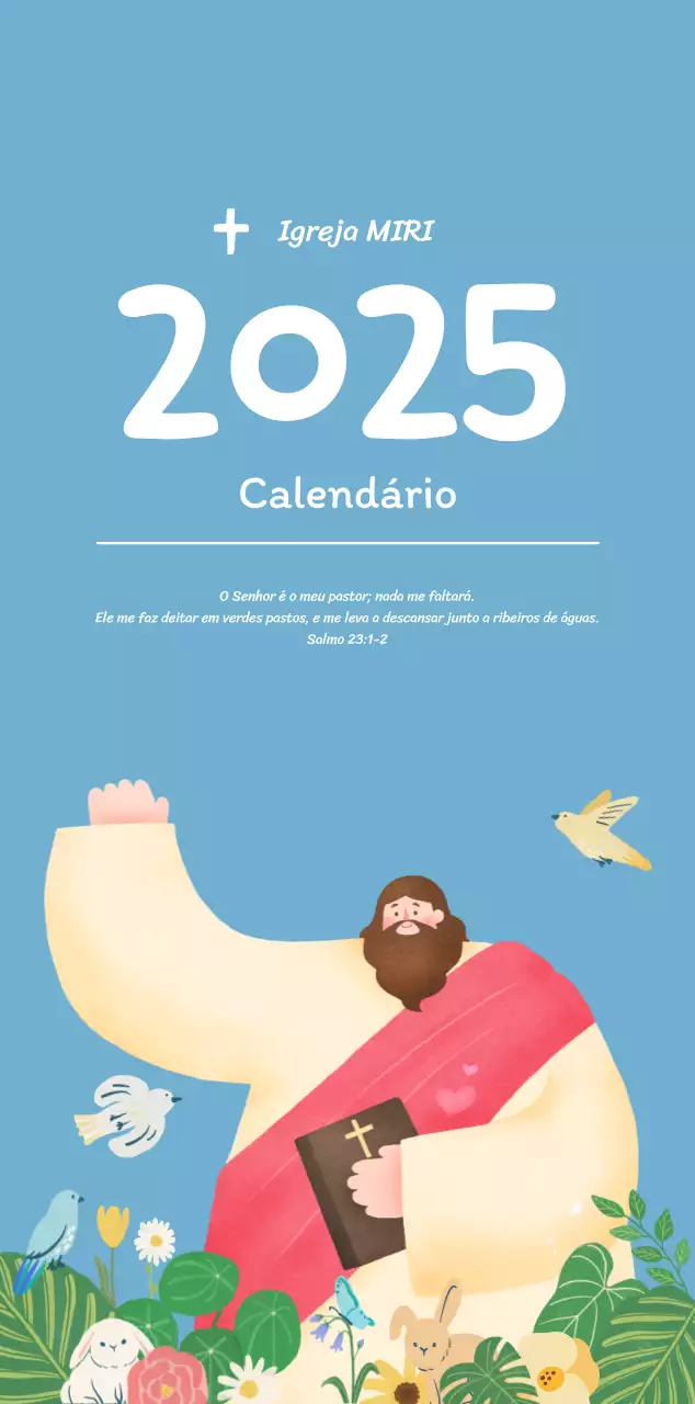 Um calendário devocional com ilustrações acolhedoras e versículos bíblicos sobre um fundo azul claro