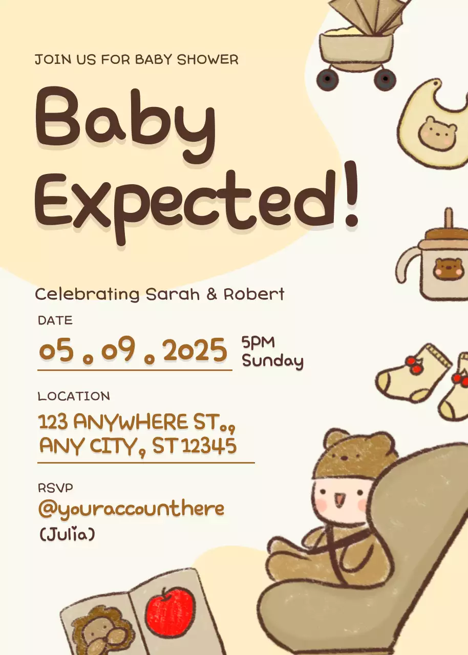 Thiệp mời tiệc mừng em bé màu be dễ thương