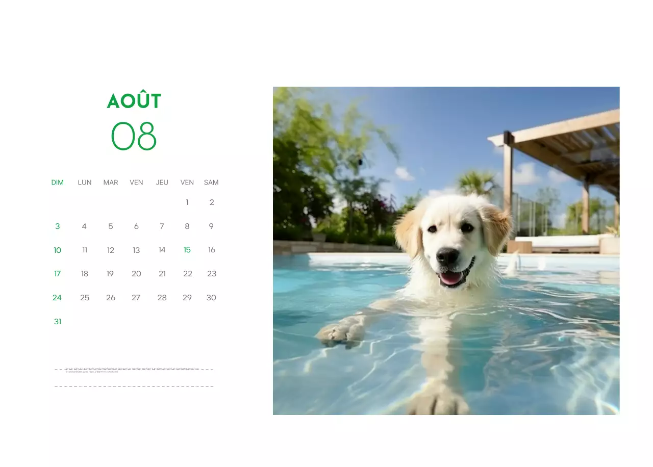 Un calendrier avec une photo de chiot et un message mignon dans une couleur verte.