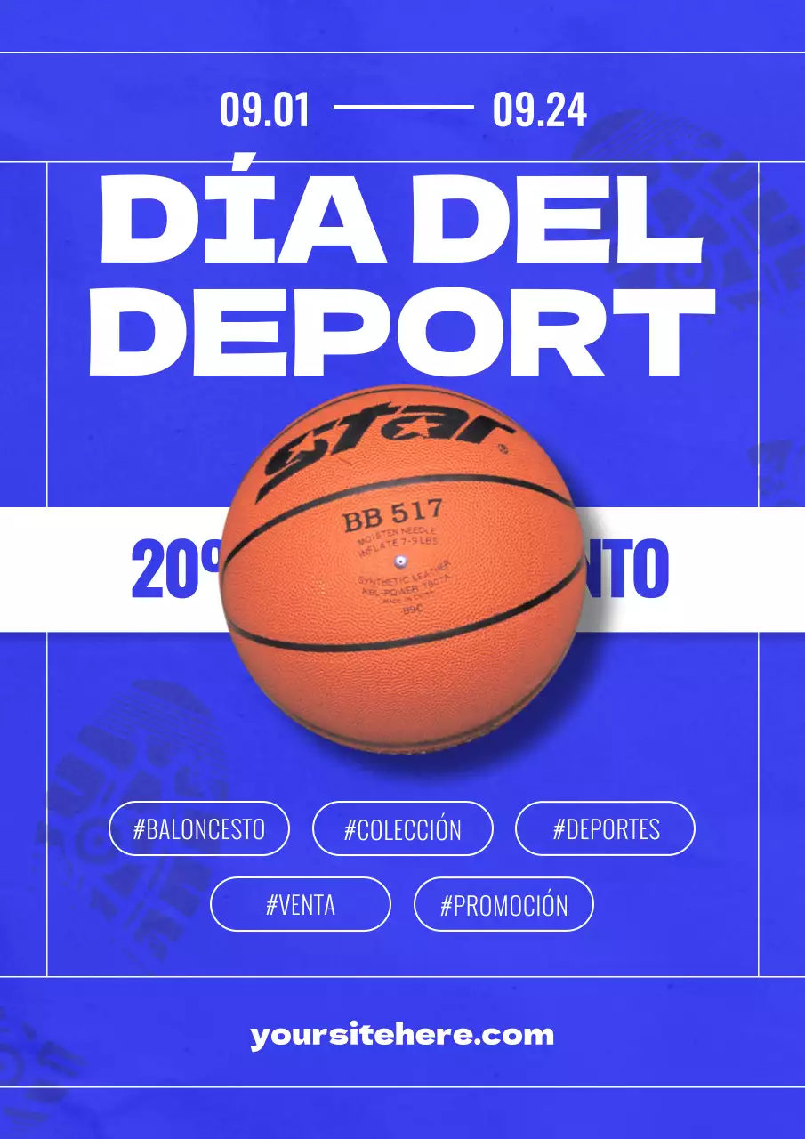 Kitschy anuncio de venta de artículos deportivos en azul y blanco
