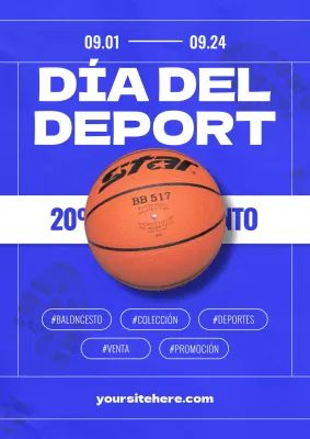 Kitschy anuncio de venta de artículos deportivos en azul y blanco