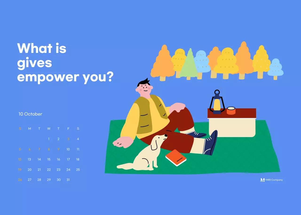 Motivational calendar with energetic illustrations and positive phrases on a light blue background