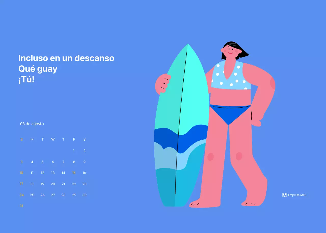 Calendario motivacional con ilustraciones llenas de energía y citas positivas sobre fondo azul claro