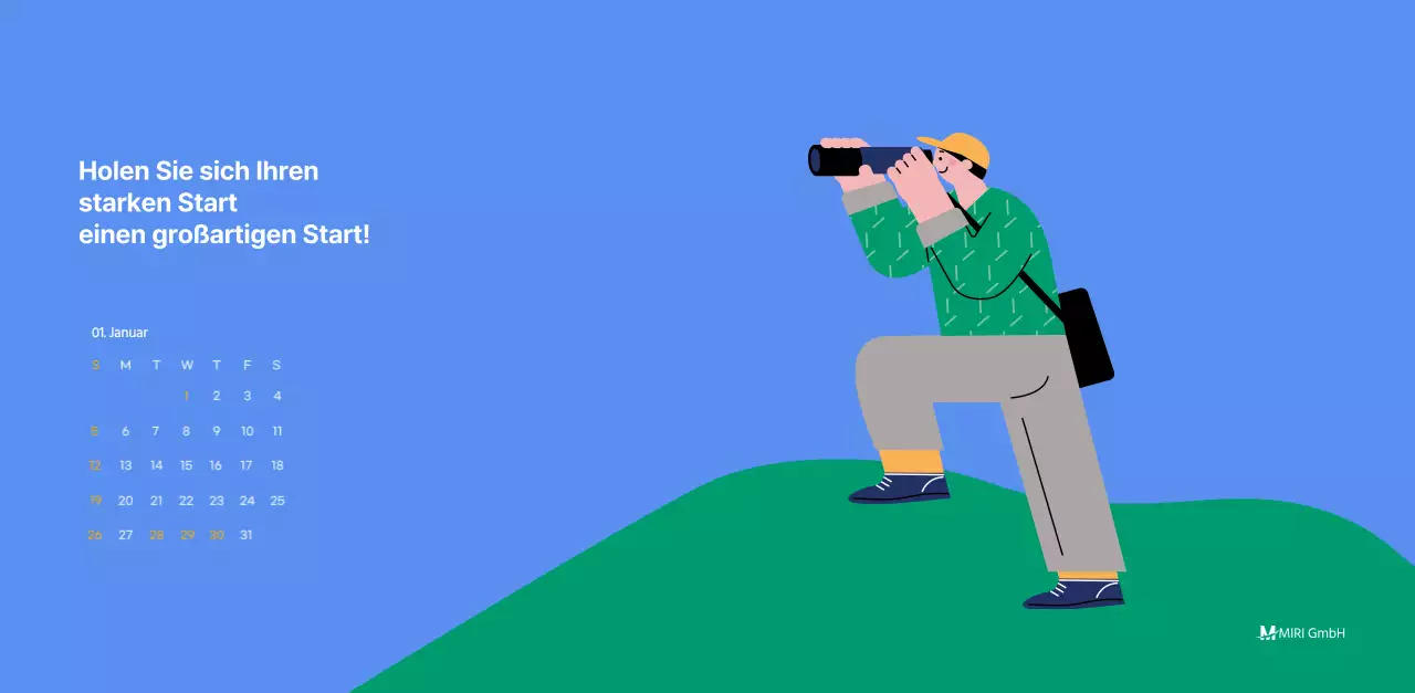 Motivationskalender mit energiegeladenen Illustrationen und positiven Zitaten auf hellblauem Hintergrund