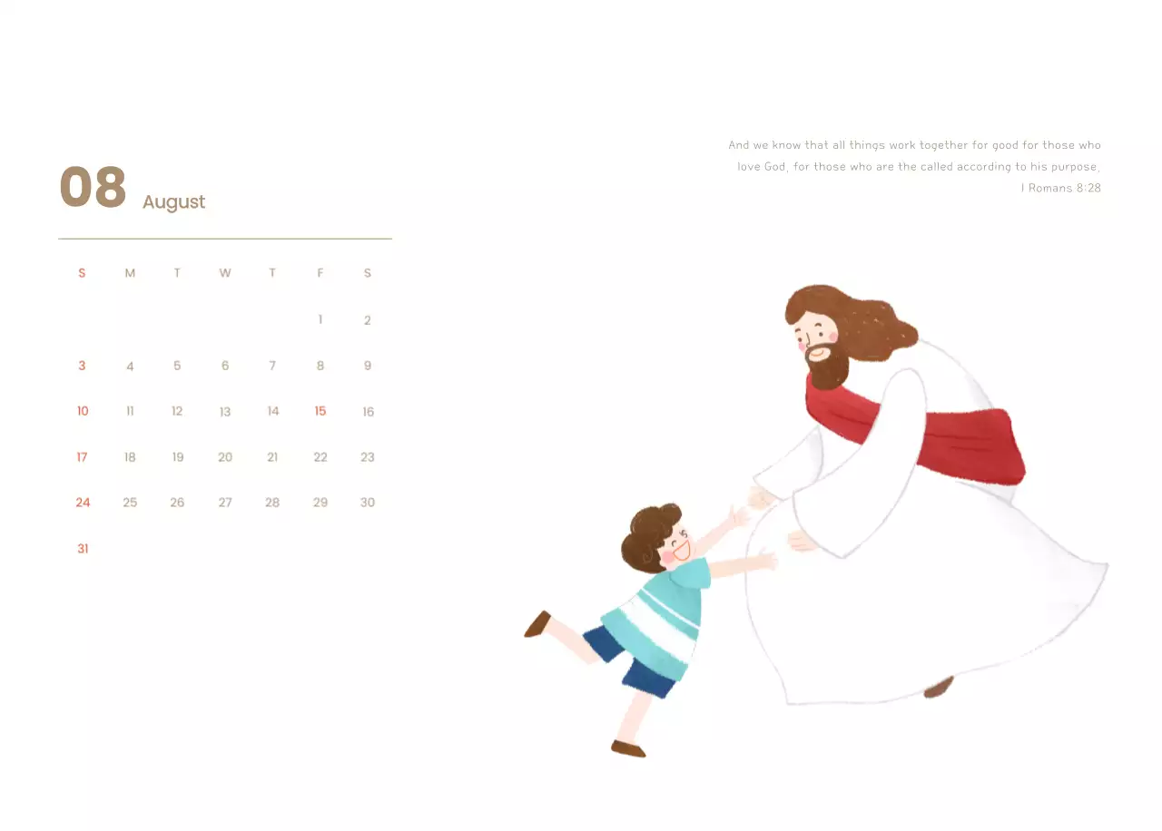 Word calendar with cozy illustrations and Bible verses on a light blue background