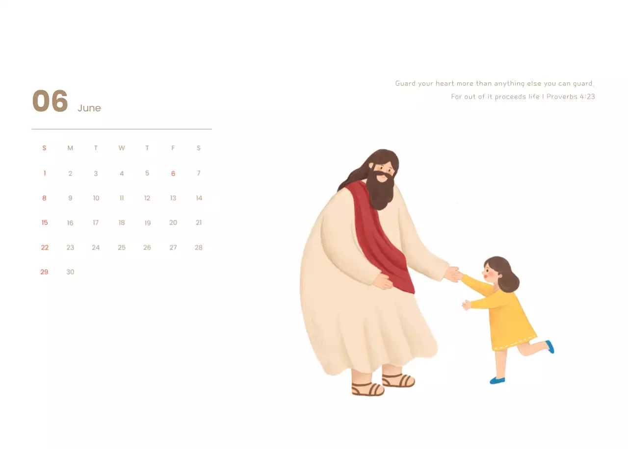 Word calendar with cozy illustrations and Bible verses on a light blue background