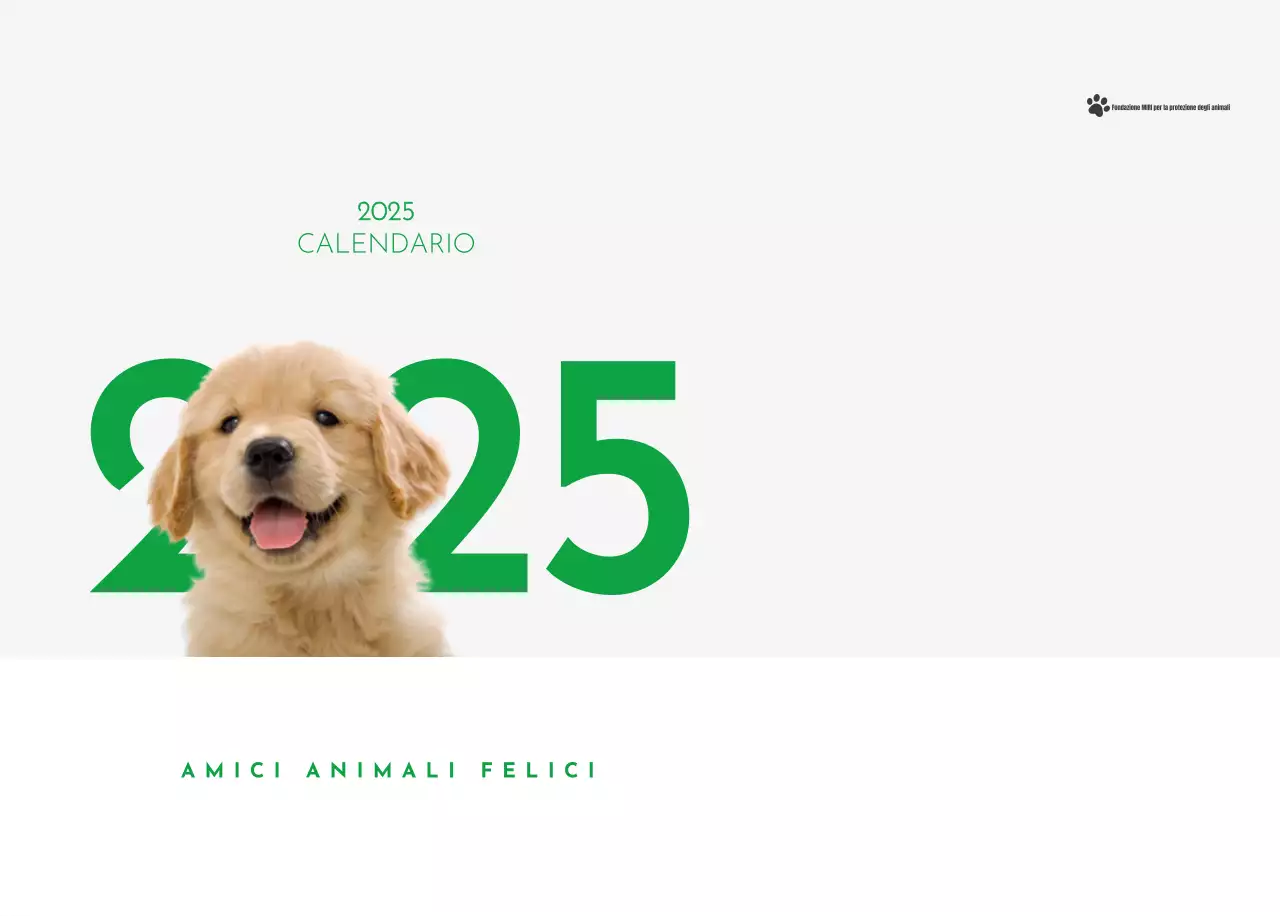 Un calendario con la foto di un cucciolo e un simpatico messaggio in colore verde.