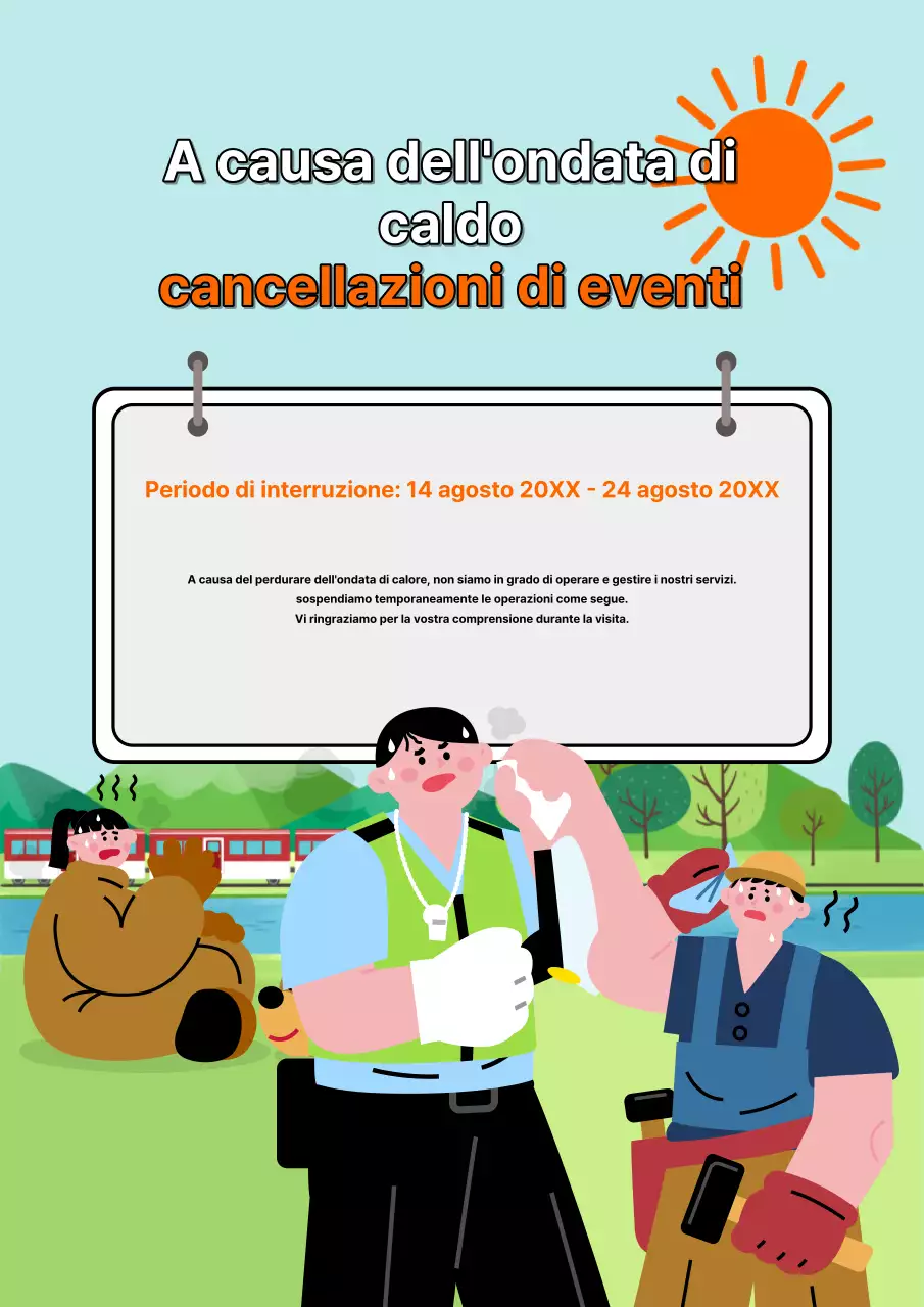 Annuncio di sospensione a causa della bella ondata di caldo blu e chartreuse