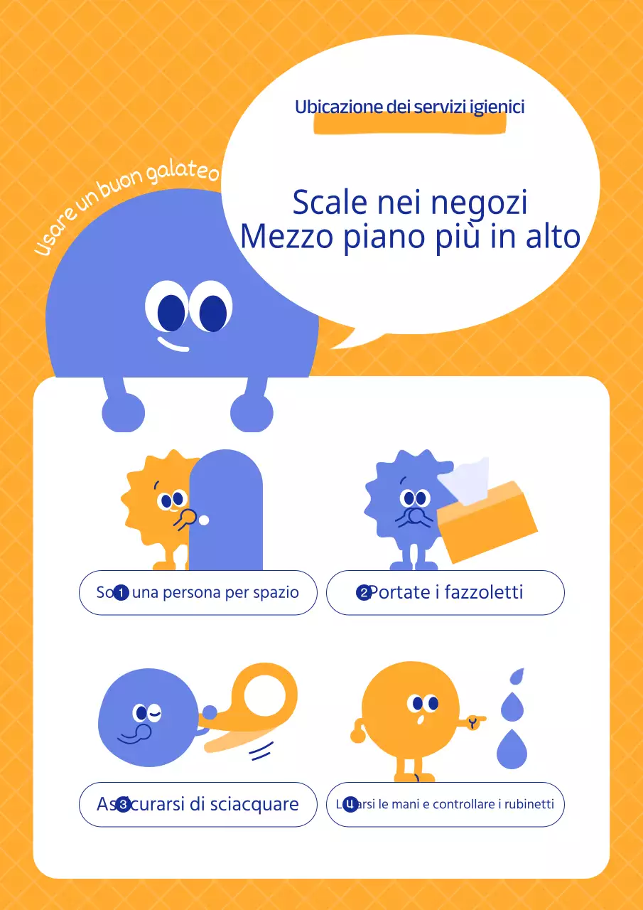 Promemoria gialli e blu per l'uso della toilette