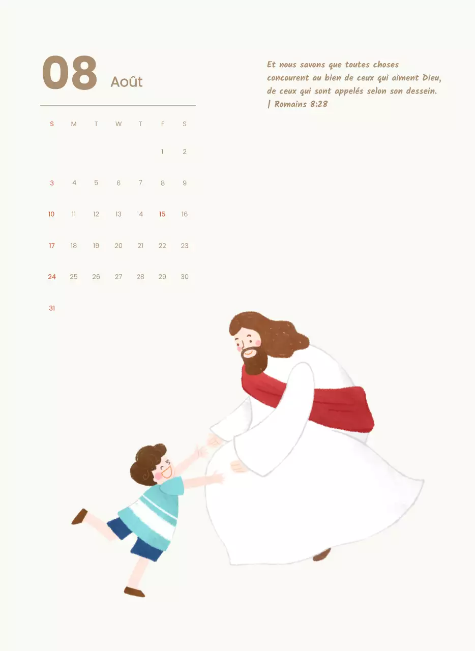 Un calendrier dévotionnel avec des illustrations douces et des versets bibliques sur un fond bleu clair.