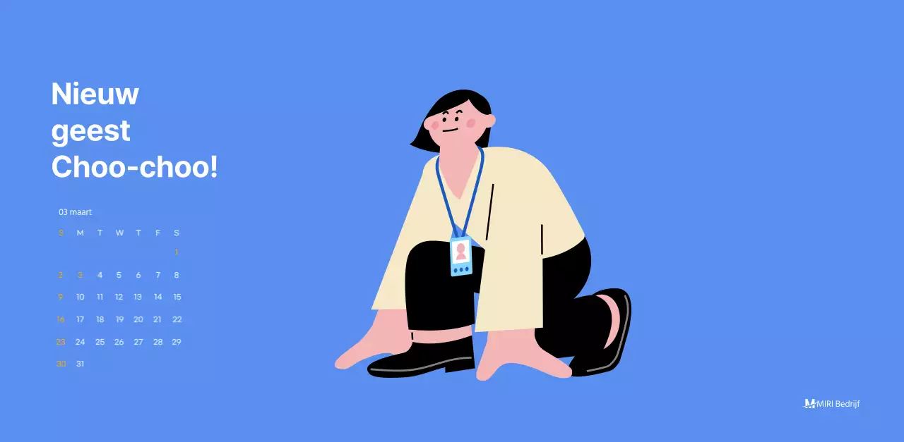 Motiverende kalender met energieke illustraties en positieve citaten op een lichtblauwe achtergrond