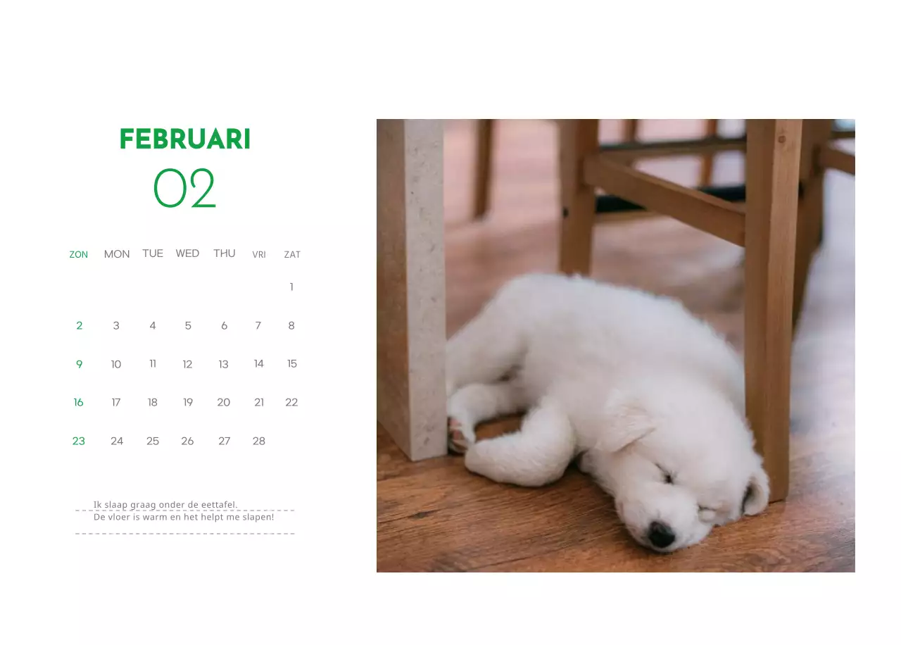 Een kalender met een puppyfoto en een schattige boodschap in groene accentkleur