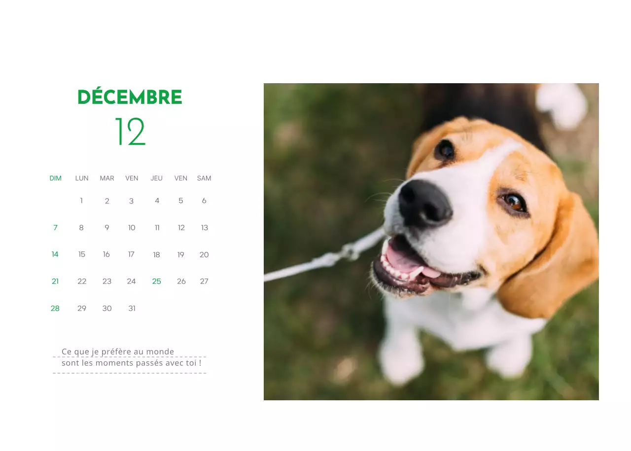 Un calendrier avec une photo de chiot et un message mignon dans une couleur verte.