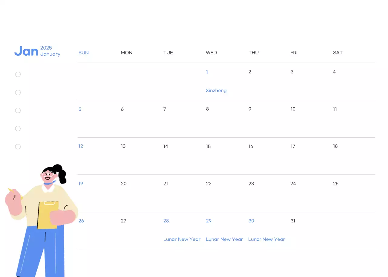 Motivational calendar with energetic illustrations and positive phrases on a light blue background