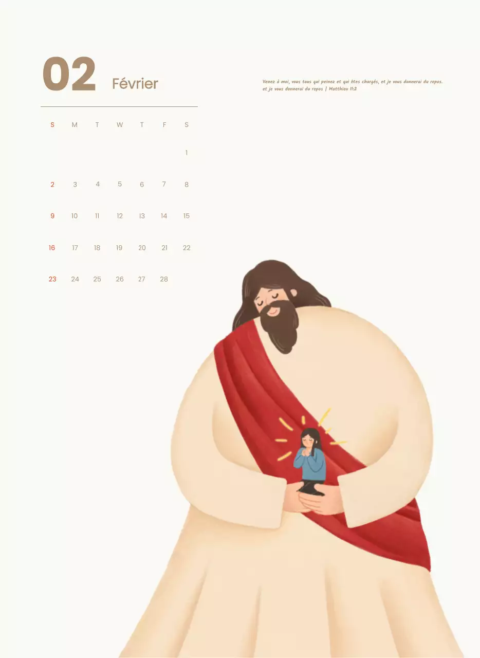 Un calendrier dévotionnel avec des illustrations douces et des versets bibliques sur un fond bleu clair.