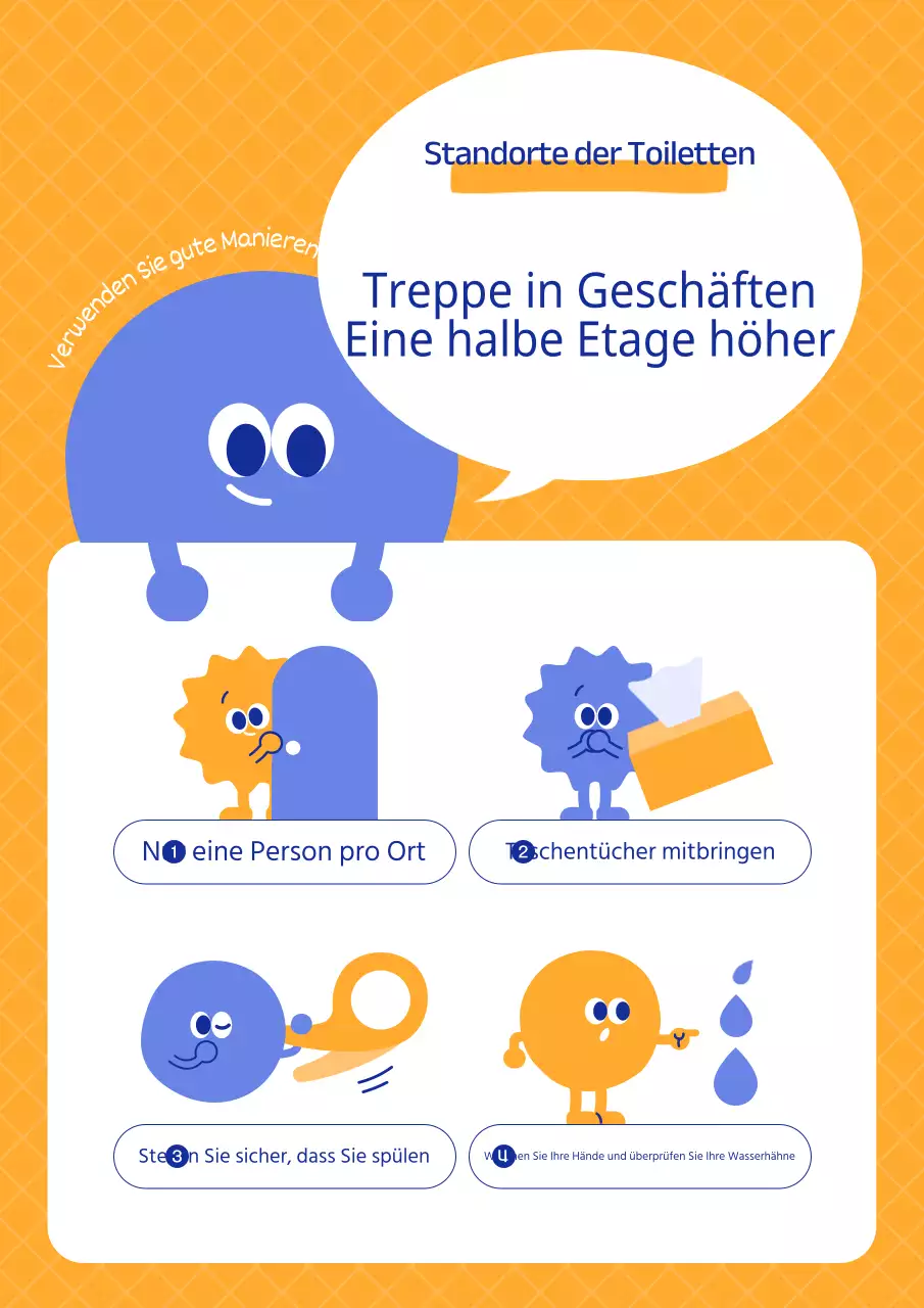 Gelbe und blaue Mahnungen zur Benutzung der Toilette