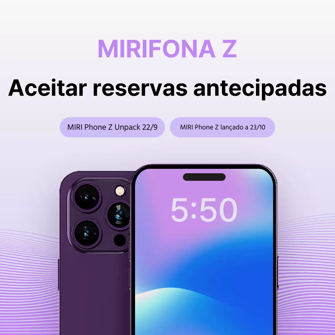 Promoção de pré-reserva de telemóvel roxa e moderna