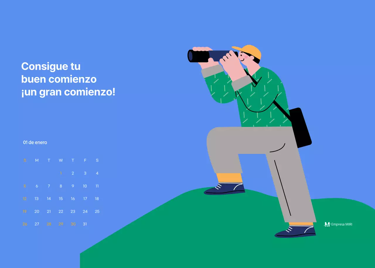 Calendario motivacional con ilustraciones llenas de energía y citas positivas sobre fondo azul claro