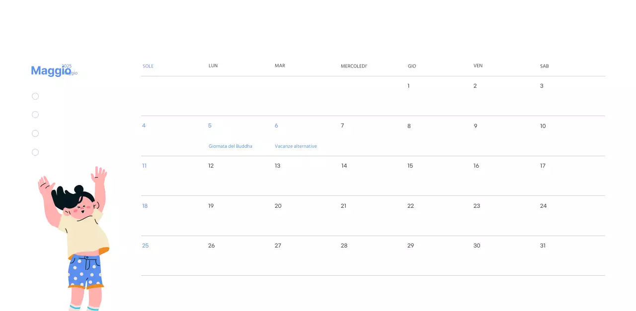 Calendario motivazionale con illustrazioni energetiche e citazioni positive su sfondo azzurro