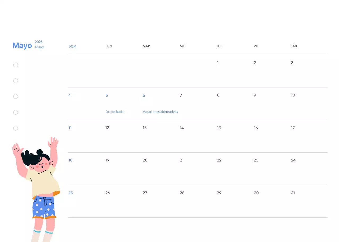 Calendario motivacional con ilustraciones llenas de energía y citas positivas sobre fondo azul claro