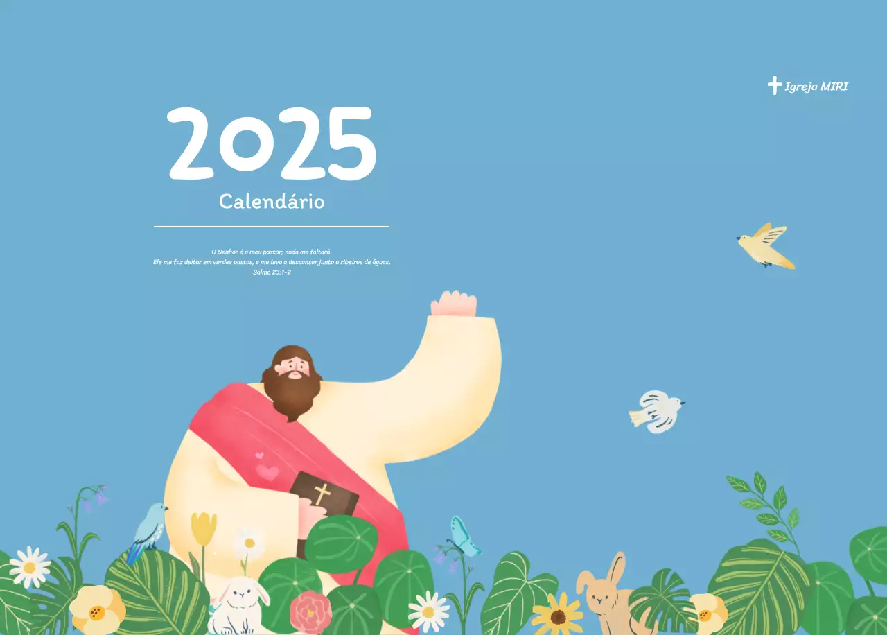 Um calendário devocional com ilustrações acolhedoras e versículos bíblicos sobre um fundo azul claro