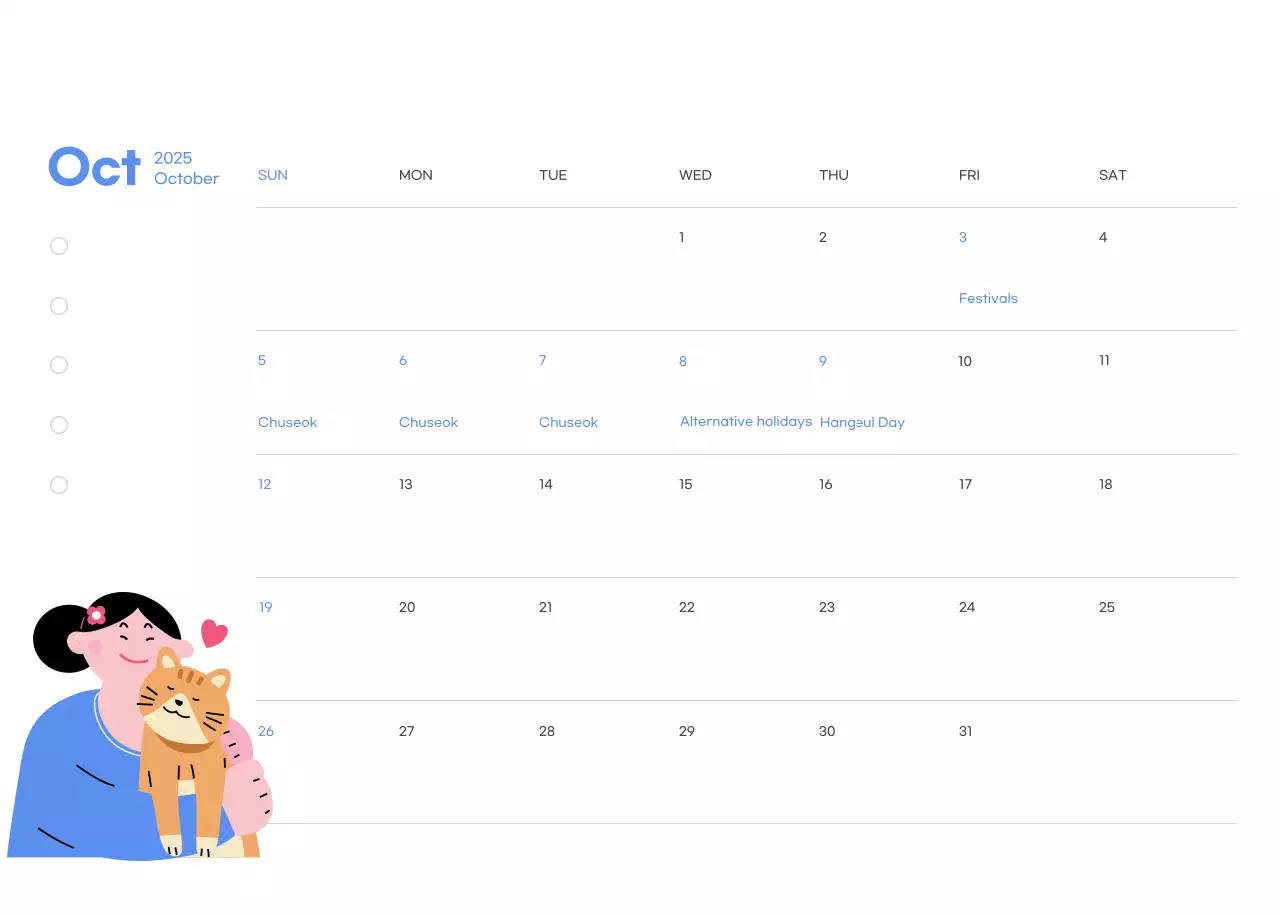 Motivational calendar with energetic illustrations and positive phrases on a light blue background