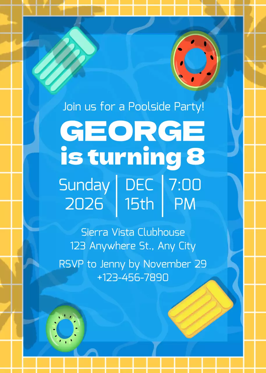 Thiệp mời tiệc sinh nhật bên hồ bơi hiện đại màu xanh