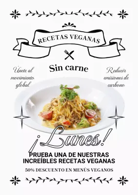 Kitschy anuncio de menú vegetariano en blanco y negro