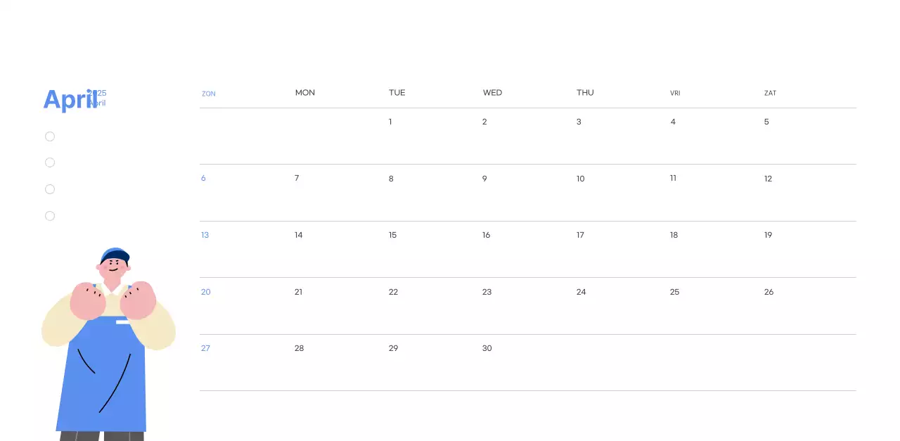 Motiverende kalender met energieke illustraties en positieve citaten op een lichtblauwe achtergrond