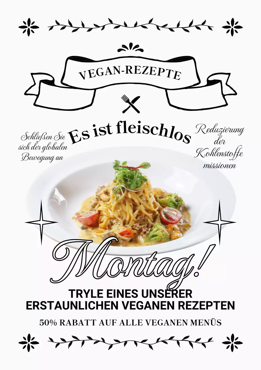 Kitschige vegetarische Menüanzeige in schwarz-weiß