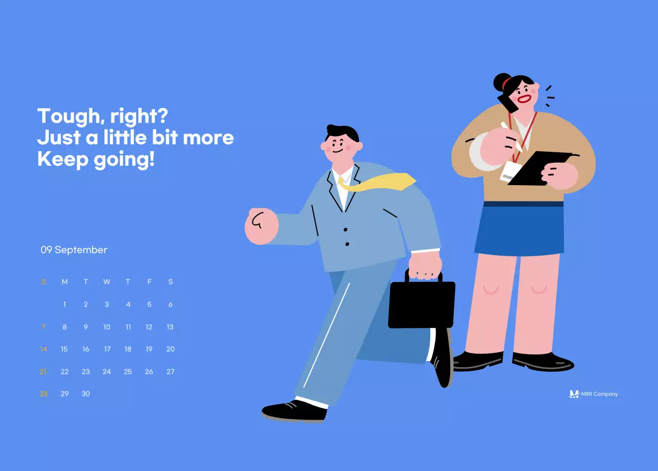 Motivational calendar with energetic illustrations and positive phrases on a light blue background