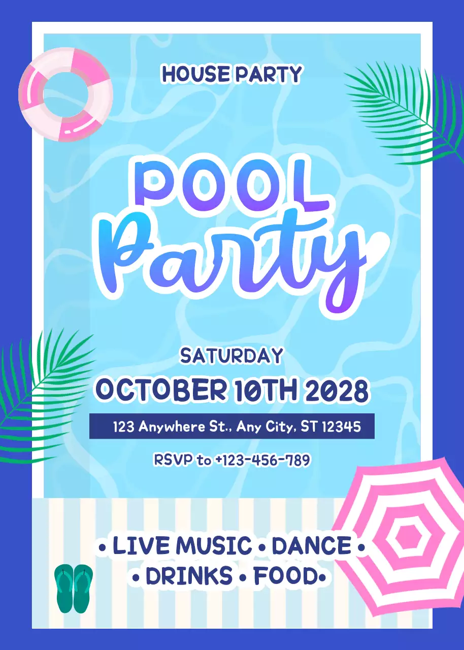 Poster mời tiệc hồ bơi thời trang xanh