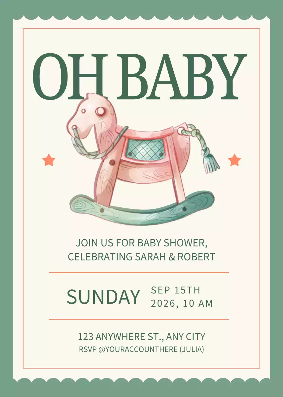 Thiệp mời tiệc mừng em bé chào đời cổ điển màu xanh lá cây