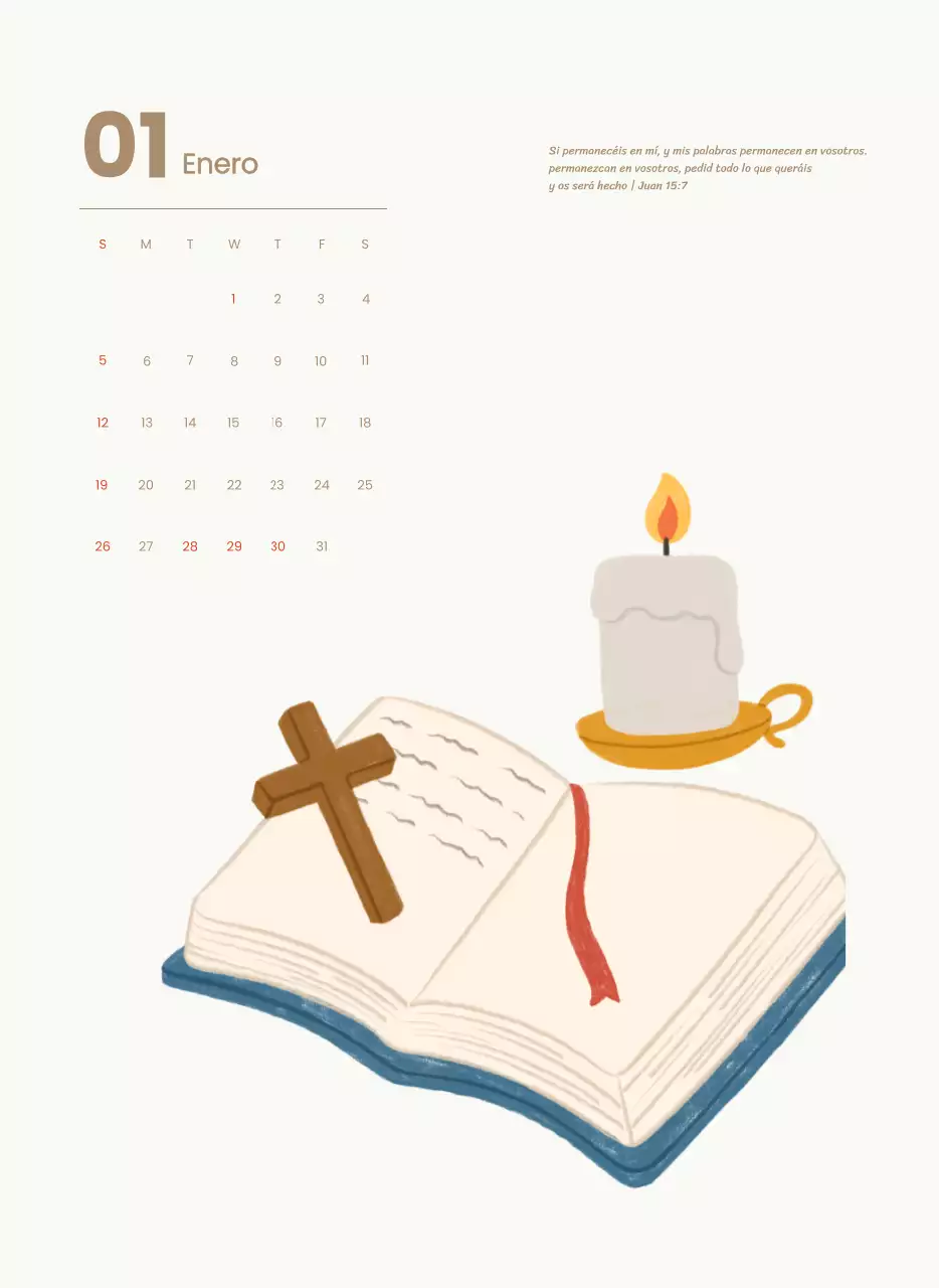 Un calendario devocional con acogedoras ilustraciones y versículos bíblicos sobre fondo azul claro