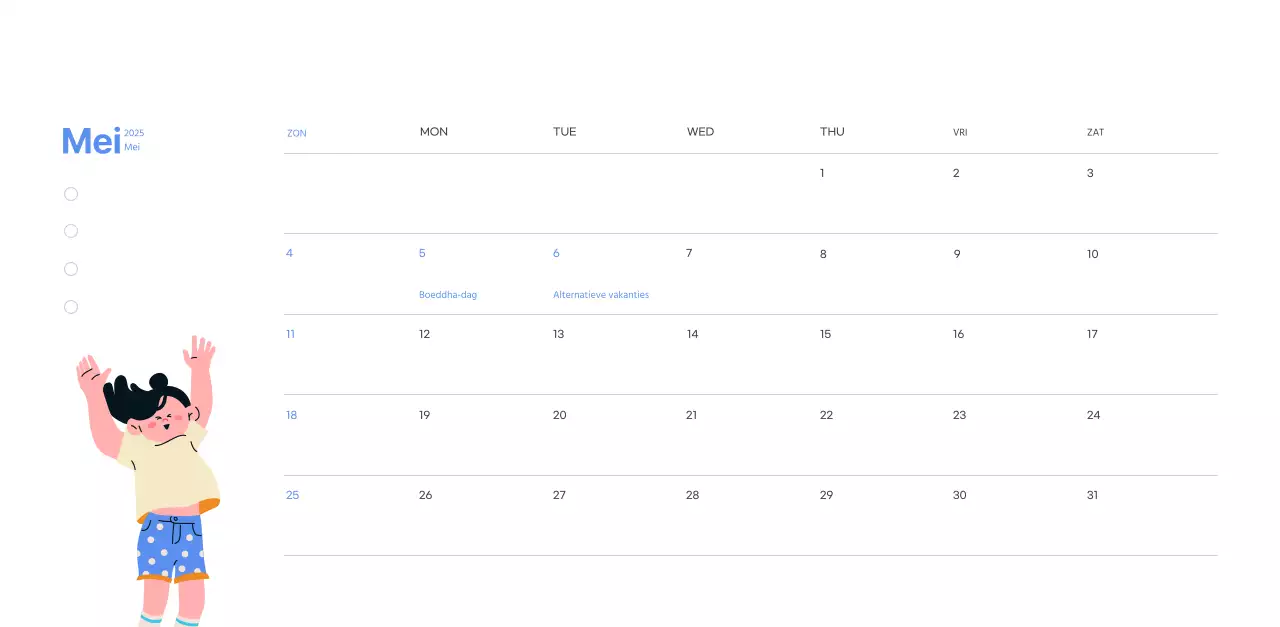 Motiverende kalender met energieke illustraties en positieve citaten op een lichtblauwe achtergrond