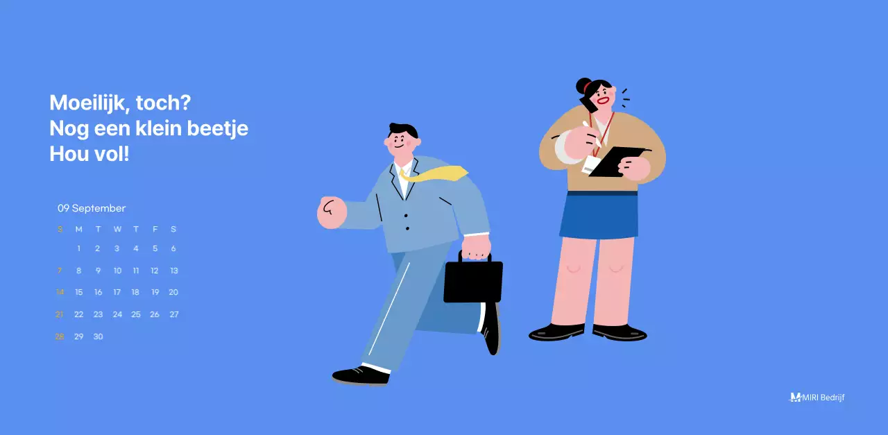 Motiverende kalender met energieke illustraties en positieve citaten op een lichtblauwe achtergrond