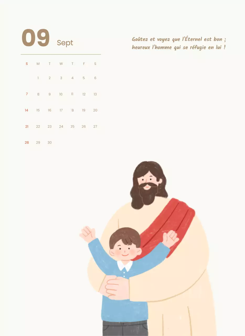 Un calendrier dévotionnel avec des illustrations douces et des versets bibliques sur un fond bleu clair.