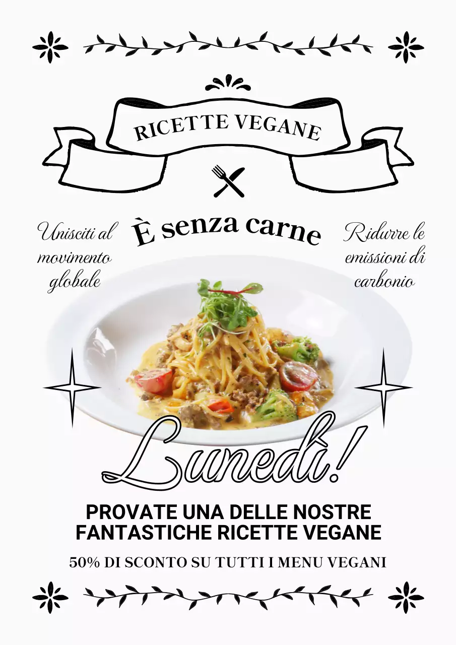 Pubblicità di menu vegetariani kitsch in bianco e nero