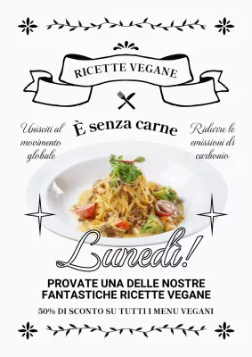 Pubblicità di menu vegetariani kitsch in bianco e nero