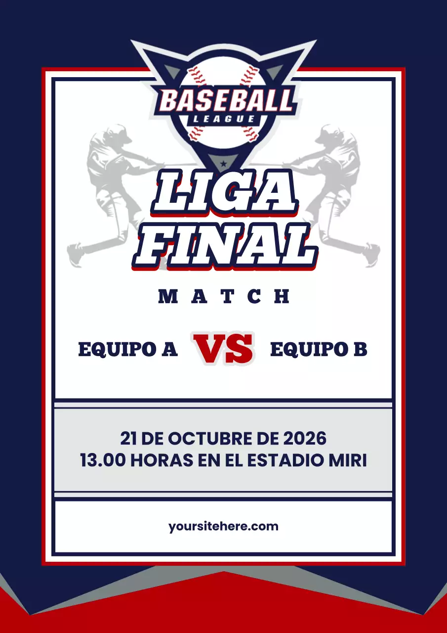 Promociona los partidos de béisbol con detalles en azul marino y rojo