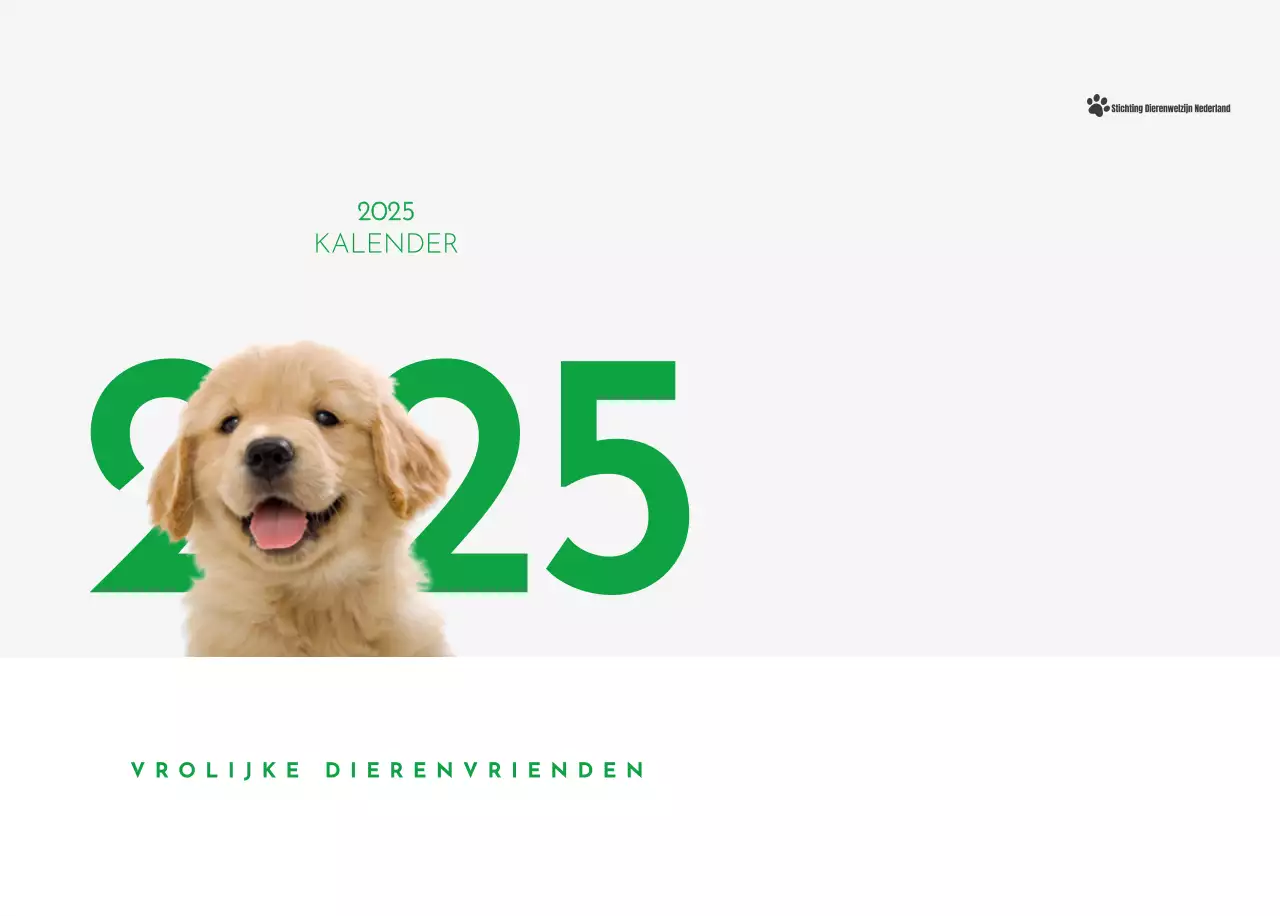 Een kalender met een puppyfoto en een schattige boodschap in groene accentkleur