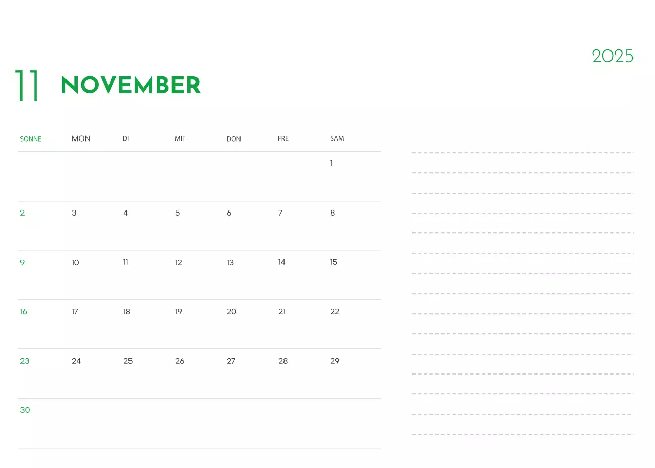 Ein Kalender mit einem Welpenfoto und einer süßen Botschaft in grüner Akzentfarbe