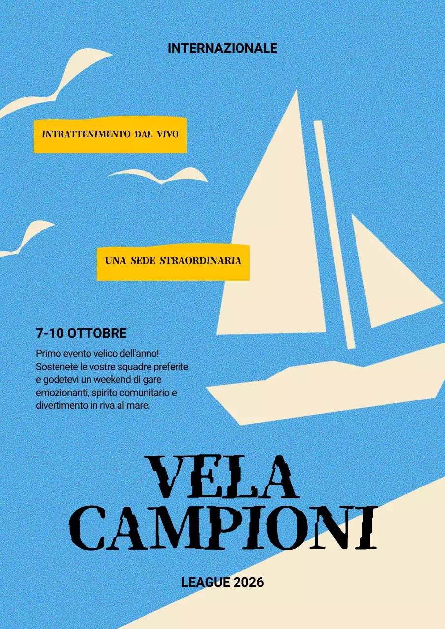 Promuovere lo sport della vela con colori geometrici blu chiaro e avorio.