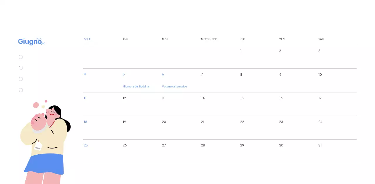 Calendario motivazionale con illustrazioni energetiche e citazioni positive su sfondo azzurro