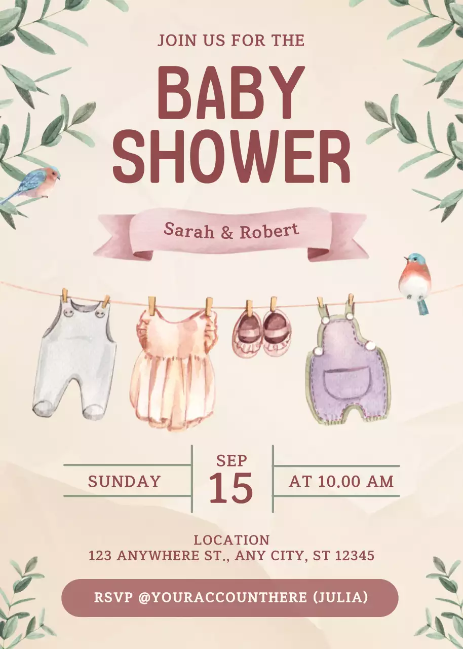 Thiệp mời tiệc mừng em bé màu be dễ thương