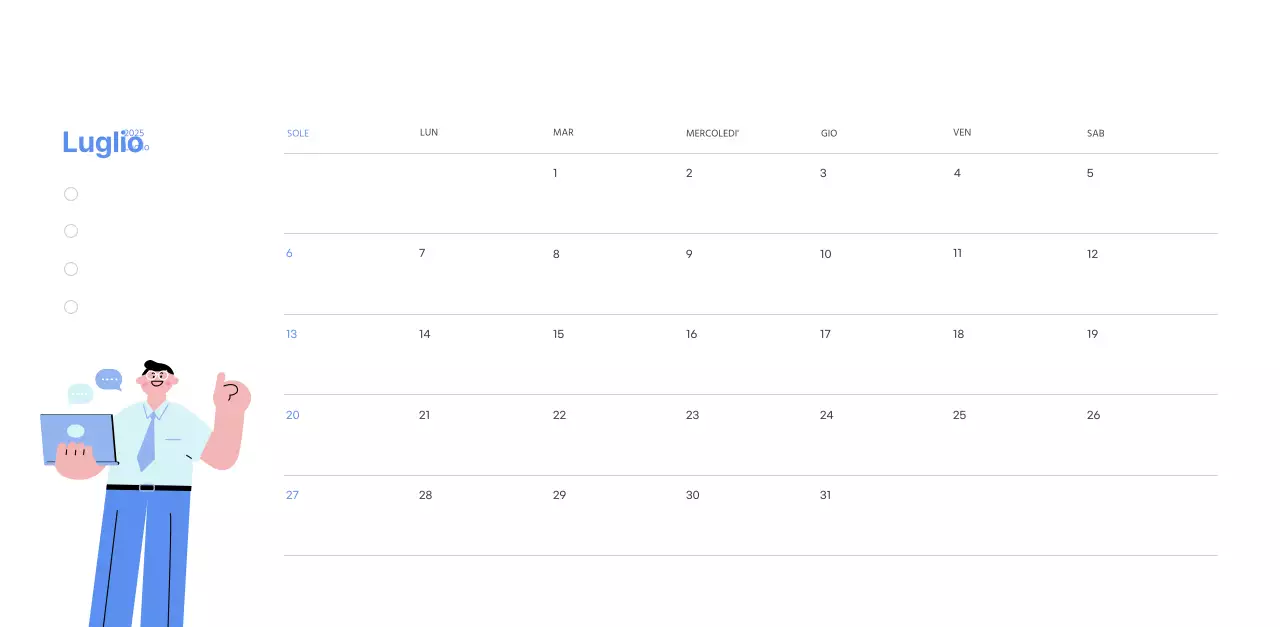 Calendario motivazionale con illustrazioni energetiche e citazioni positive su sfondo azzurro