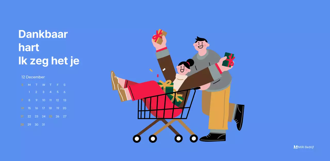 Motiverende kalender met energieke illustraties en positieve citaten op een lichtblauwe achtergrond