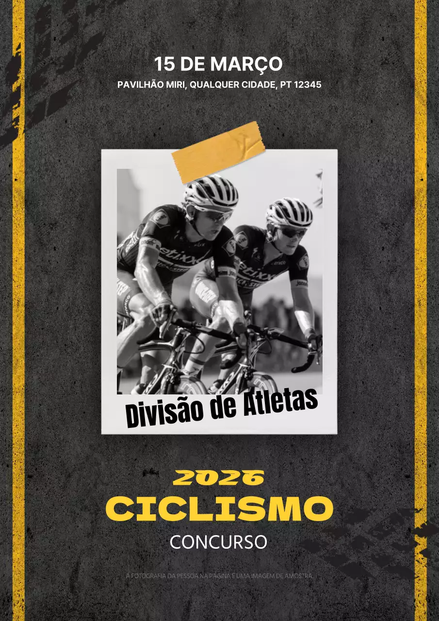 Anúncio de corrida de ciclismo com pormenores em preto e amarelo