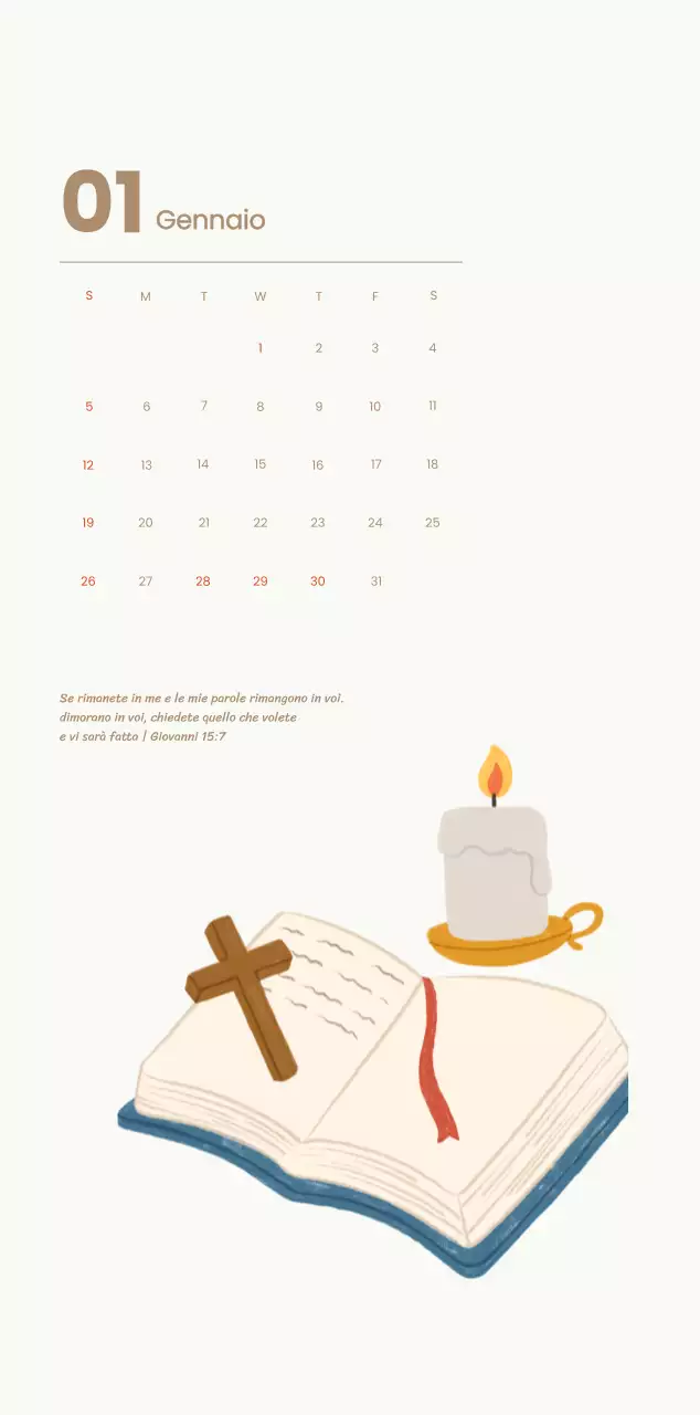 Un calendario devozionale con illustrazioni accoglienti e versetti della Bibbia su uno sfondo blu chiaro