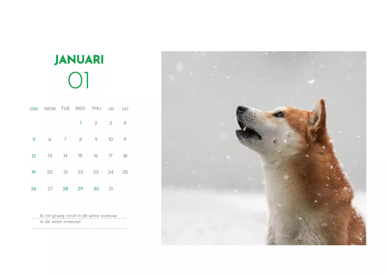Een kalender met een puppyfoto en een schattige boodschap in groene accentkleur